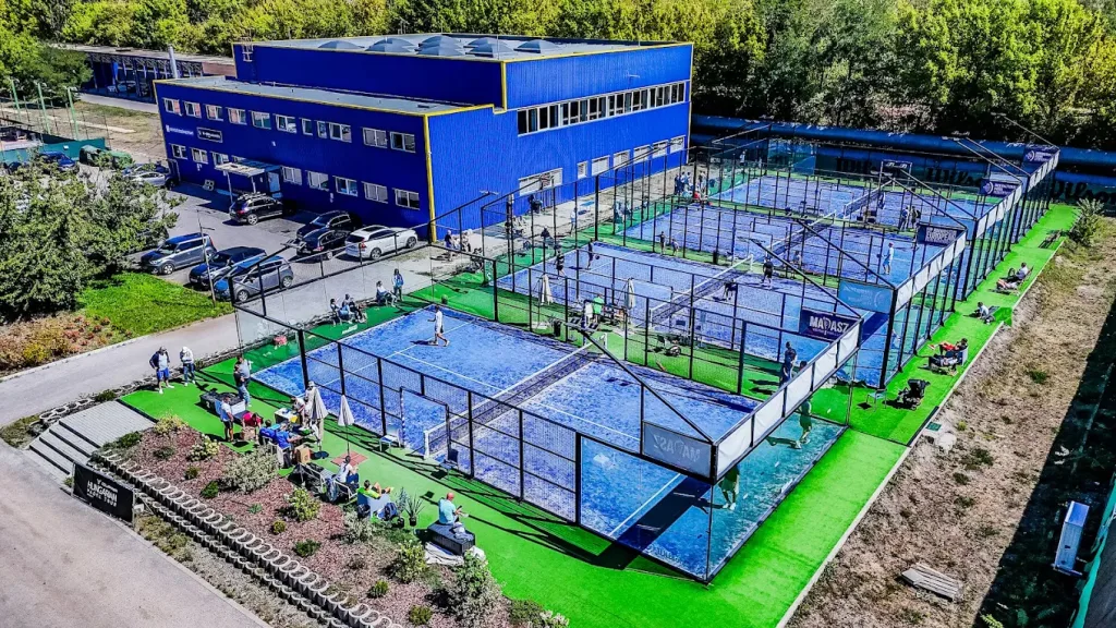 Aerial view of the BVSC clubhouse and its outdoor padel courts