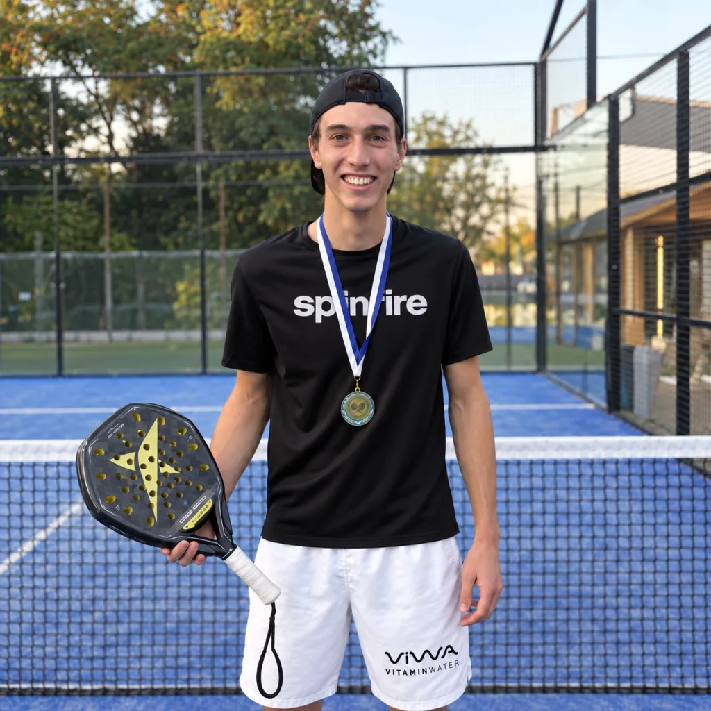 Erik Góczi with a padel racket – portrait edited from his own photo
