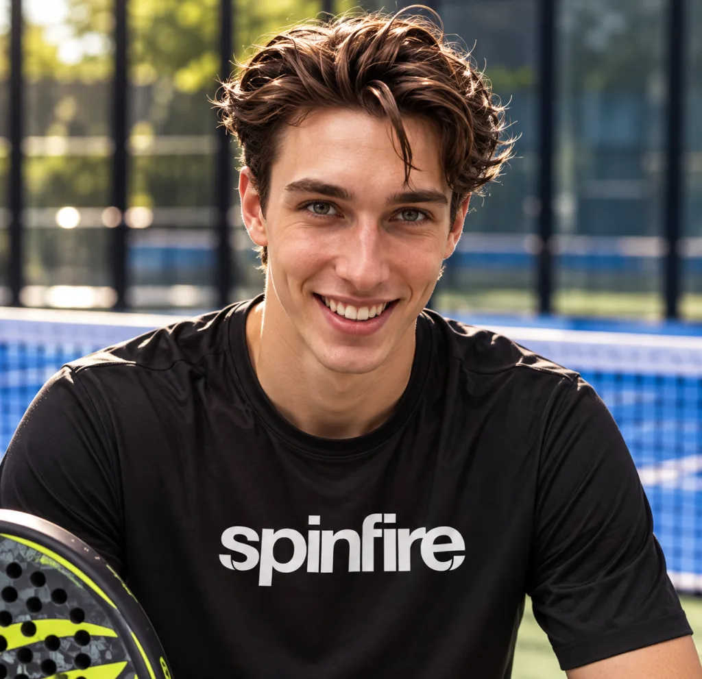 Erik in a black Spinfire T-shirt with a padel racket