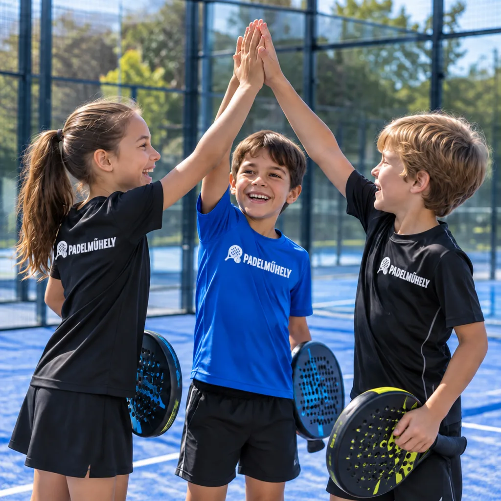 Children in Padelműhely T-shirts celebrating together on the padel court – edited illustration